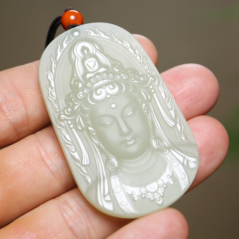 印象眸 和田玉观音吊坠 浅青玉湖水绿观世音菩萨男款玉石挂件 附送