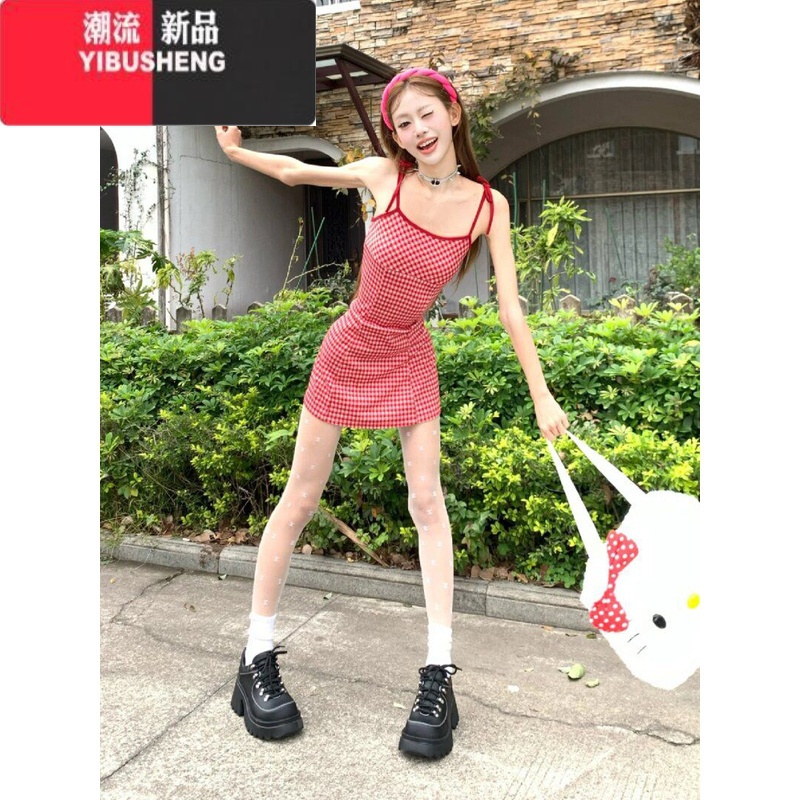 YIBUSHENG度假风吊带连衣裙女春季百搭显瘦中长裙设计感红色格子露背A字I高清大图
