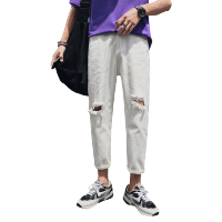 梵克公牛破洞牛仔裤男潮牌常规小脚坠感阔腿9分九分裤韩版潮流裤子港风ins