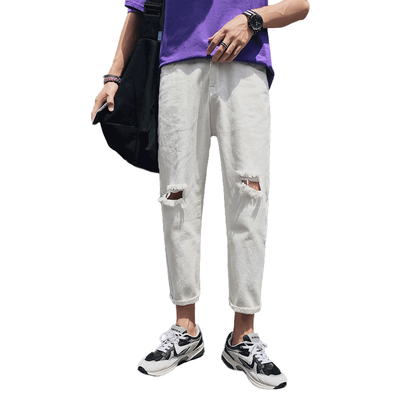 梵克公牛破洞牛仔裤男潮牌常规小脚坠感阔腿9分九分裤韩版潮流裤子港风ins