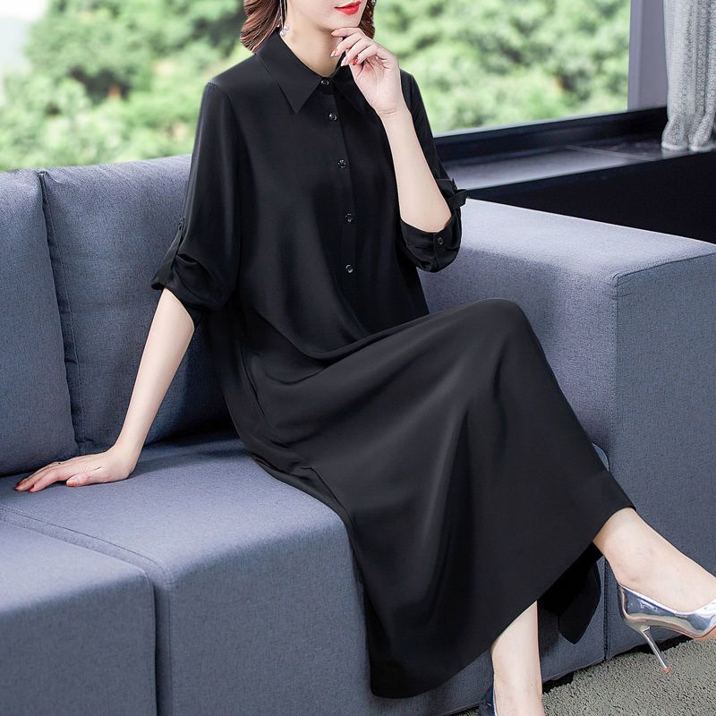 特价清仓杭州高档重磅真丝连衣裙长款宽松遮肚黑色过膝香云纱长裙黑色