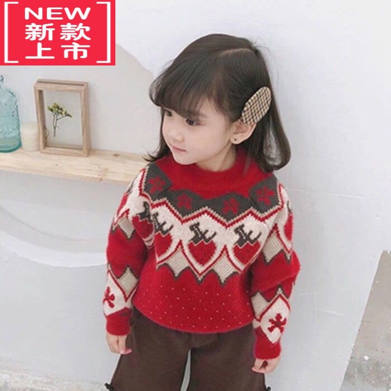 可莉允女童毛衣套头加厚秋冬装中小儿童装宝宝圣诞上衣打底针织衫图片