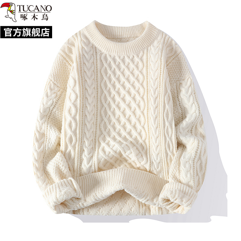 啄木鸟春秋新款圆领麻花毛衣男士冬季加绒针织打底衫内搭线上士春高清大图