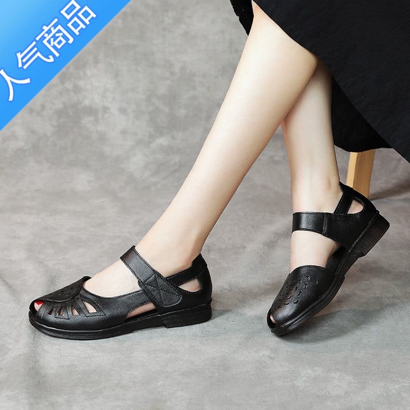 SUNTEK平底凉鞋女2023新款夏鱼嘴女鞋牛筋软底妈妈鞋休闲中老年奶奶白色图片