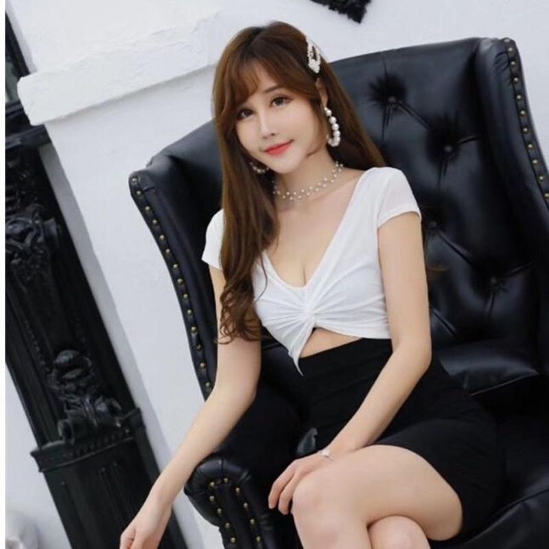2020夏季新款女修身显瘦低胸露脐V领包臀性感短䄂连衣裙 白色 S