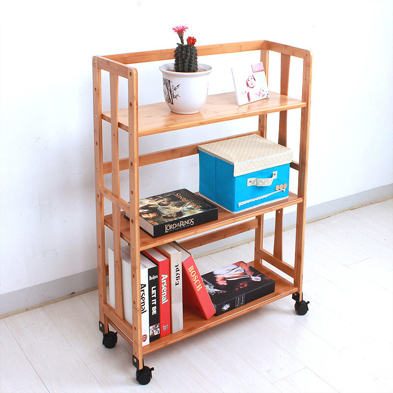 楠竹带轮可移动书房置物架客厅卧室小书架放置架三层活动床头架子安心