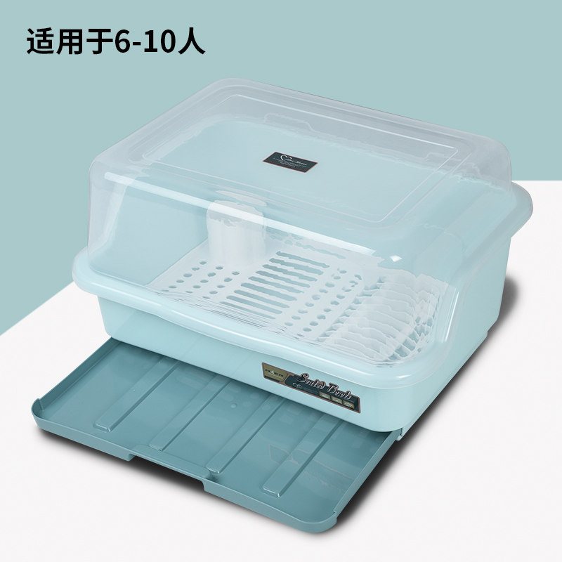 装碗筷收纳盒放碗箱沥水碗架厨房家用带盖碗盆碗碟置物架塑料碗柜收纳层架三维工匠 升级款抽屉式蓝色加大号