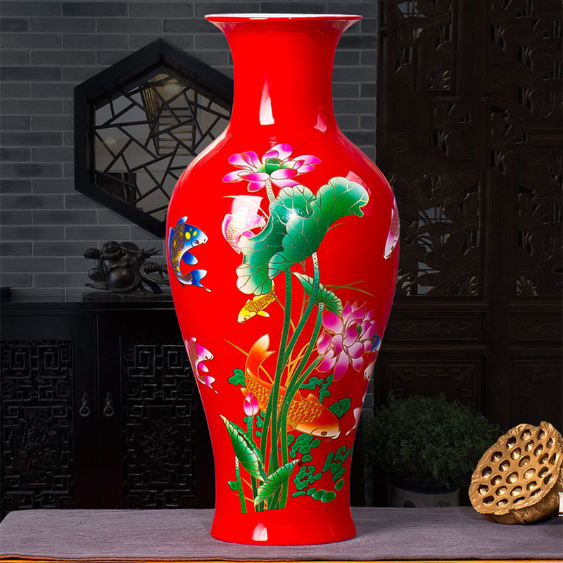 瓷物语cwy陶瓷花瓶鲜花干花摆件插花花瓶现代时尚家居装饰品餐桌摆设(红色年年有余冬瓜+送底座)