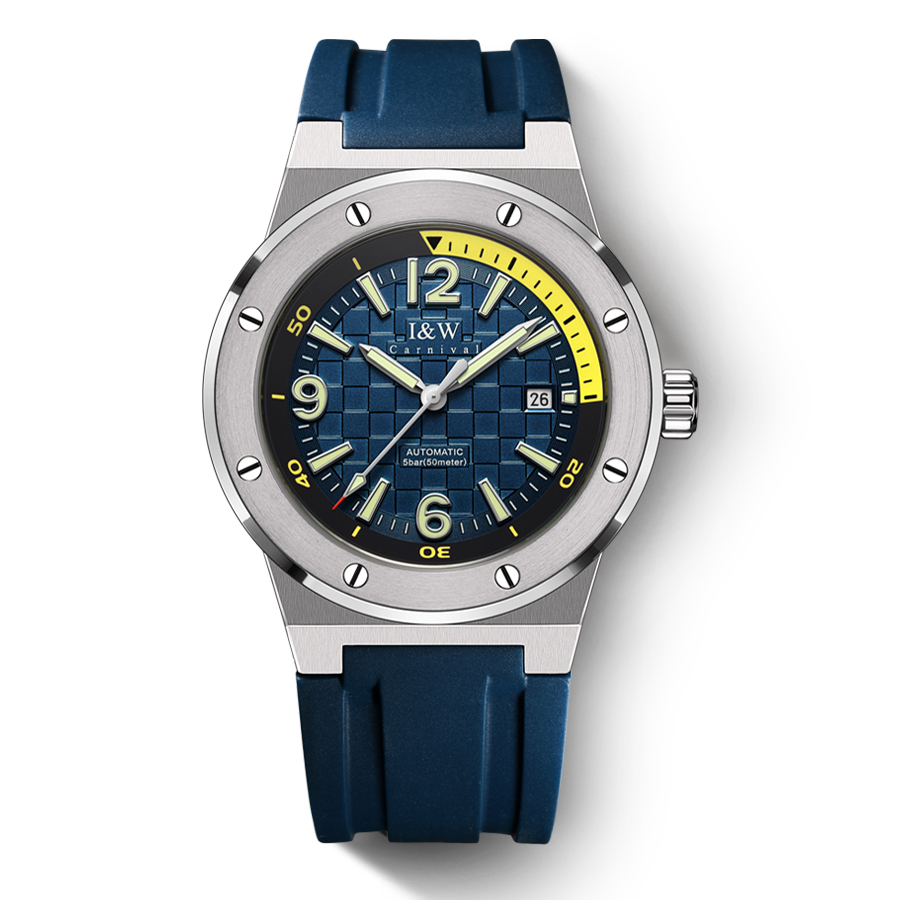 【大黄蜂】瑞士I&W CARNIVAL品牌手表全自动机械表男表新品防水橡胶带亮色时尚轻奢表小众设计个性腕表618G 蓝面蓝带