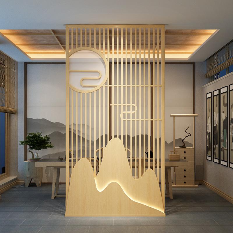 新中式实木屏风隔断玄关客厅分隔座屏入户遮挡镂空纱屏灯带小户型 乌金木120*240(不含灯) 整装高清大图