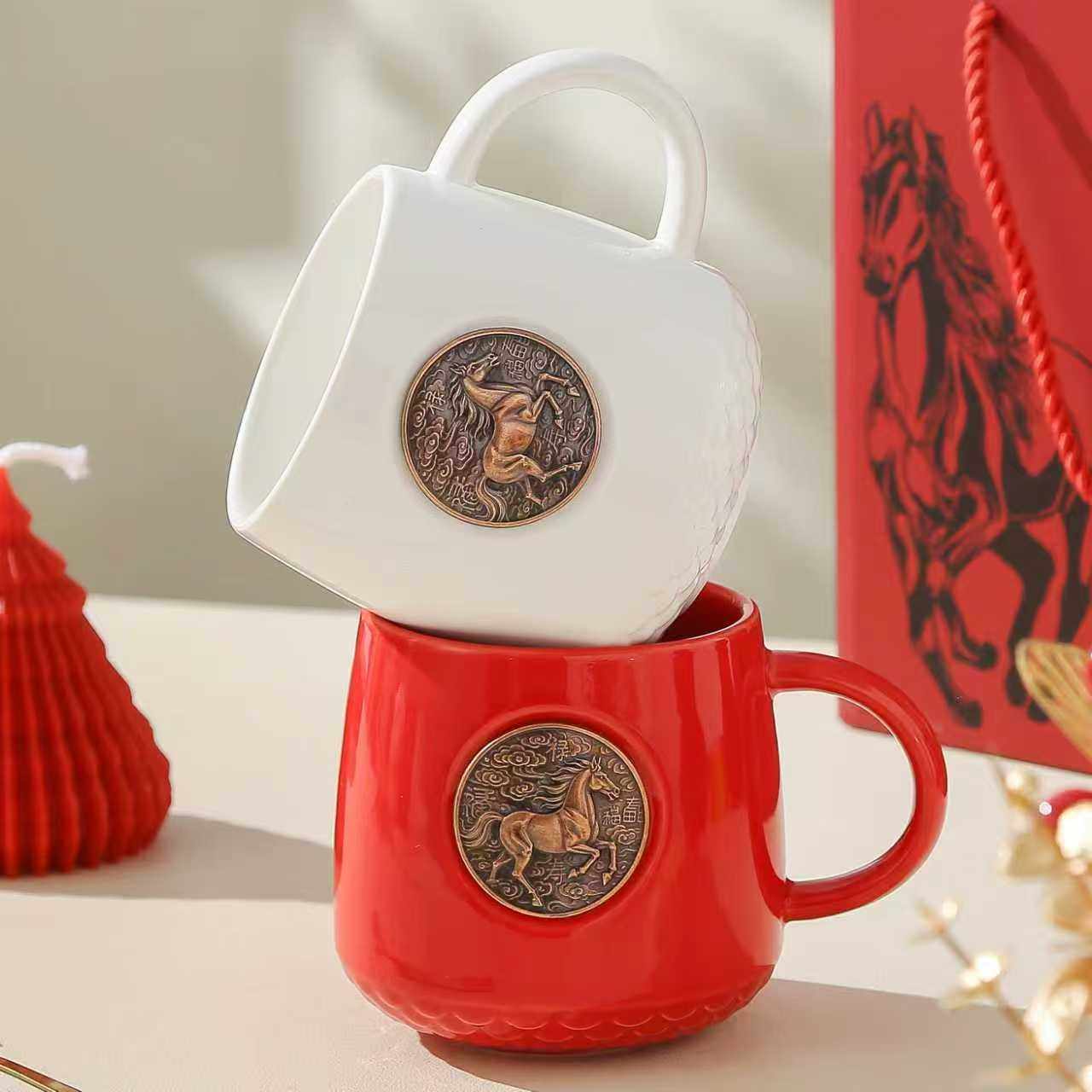 SUXINGAUTO马年陶瓷杯公司年会礼品杯子元旦伴手礼家用马克杯礼盒套装咖啡杯420ml高清大图