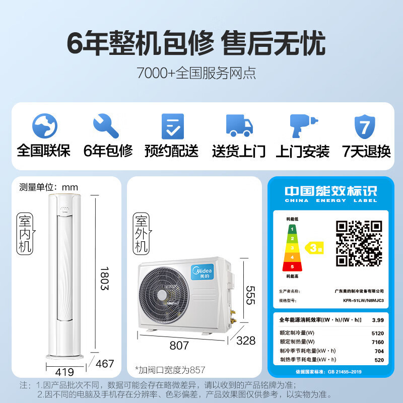 美的(Midea)KFR-51LW/N8MJC3大2匹 风酷 新能效变频冷暖 APP智能 家用客厅圆柱立式柜机