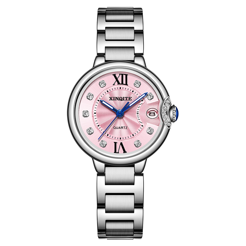 新奇特手表女生镶钻ins风小众女士手表防水时尚装饰腕表石英表钢带新款轻奢小表盘大气女表X-79 白钢粉面