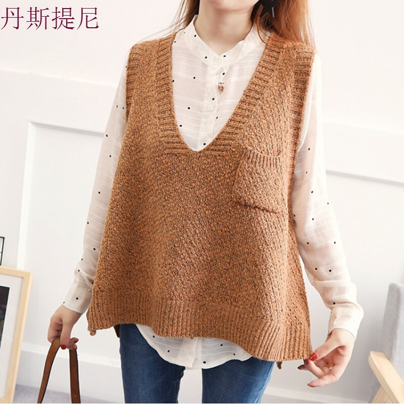 春秋韩版套头v领坎肩毛线背心宽松毛衣马甲女短款无袖针织衫藏蓝色