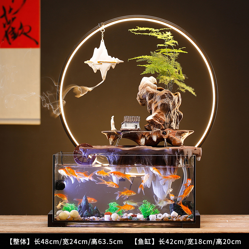 创意免换水生态玻璃鱼缸造景假山流水摆件循环水客厅办公室装饰品
