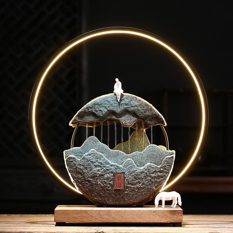 简美陶瓷循环流水器喷泉摆件灯圈风景办公室客厅玄关桌面装饰摆设 三维工匠 观山月(流水器)高清大图