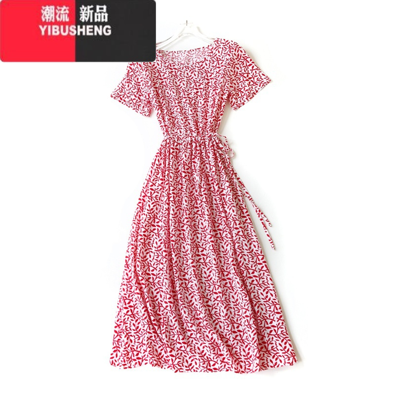 YIBUSHENG季时尚碎花棉绸连衣裙透气凉快大摆裙短袖收腰宽松显瘦绵绸长裙
