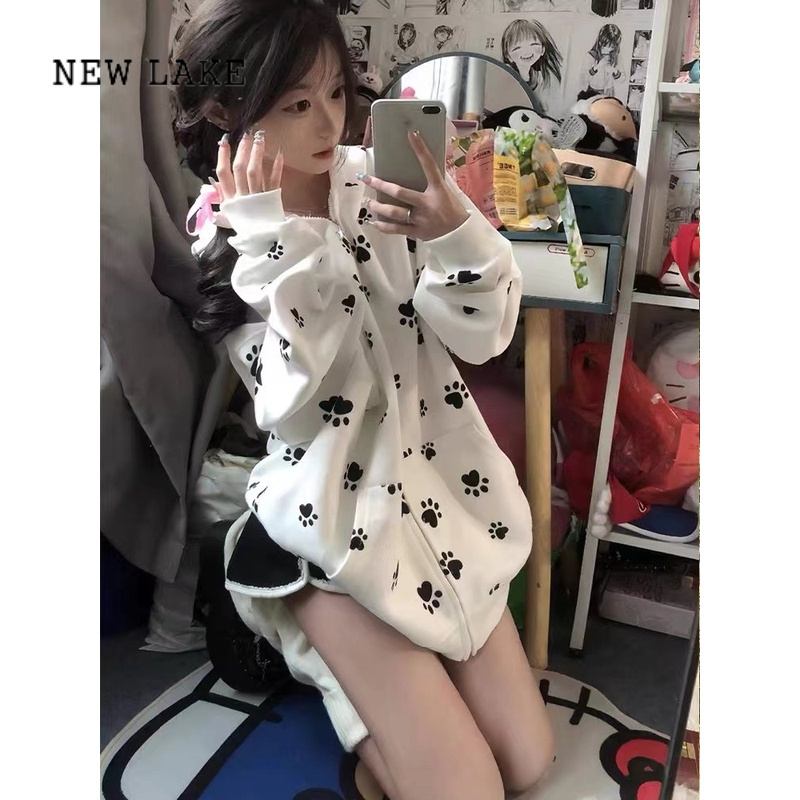 NEW LAKE美式复古狗爪印花连帽卫衣女宽松慵懒风oversize小个子开衫外套潮