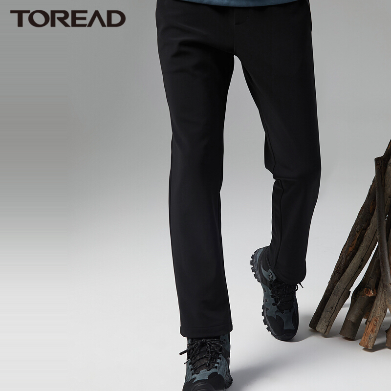 探路者男式保暖旅行裤内贴细绒秋冬季运动户外耐磨防风保暖舒适透气徒步登山旅行出游越野长裤 TAMI91757黑色 L