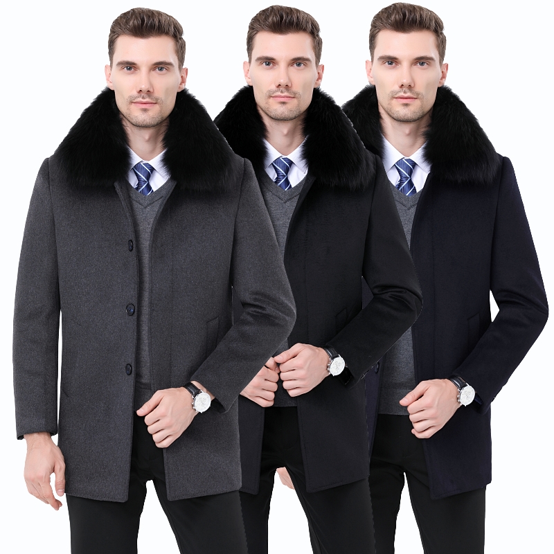 免费试穿 高端羊绒大衣羊毛呢子大衣中长款男式领导干部商务风衣加厚羊毛大衣男士外套立领长款加肥加大码男装可拆卸内胆狐狸毛领高清大图
