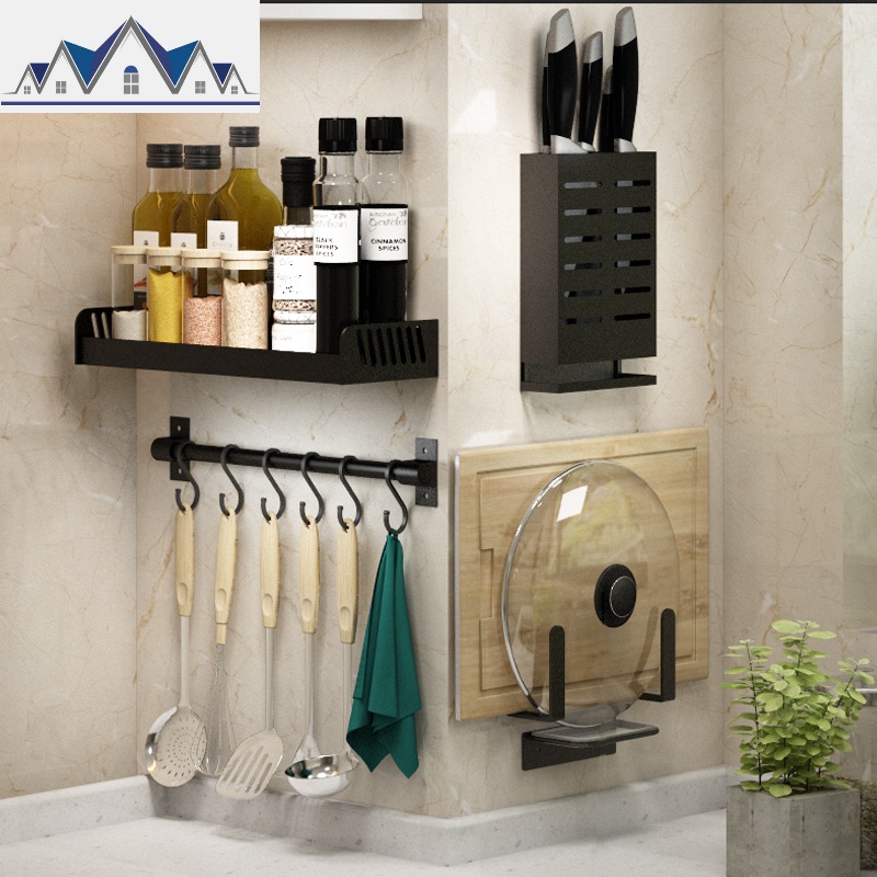 免打孔厨房置物架壁挂式调味品收纳黑色调味料架子神器储物挂钩架_3_335高清大图