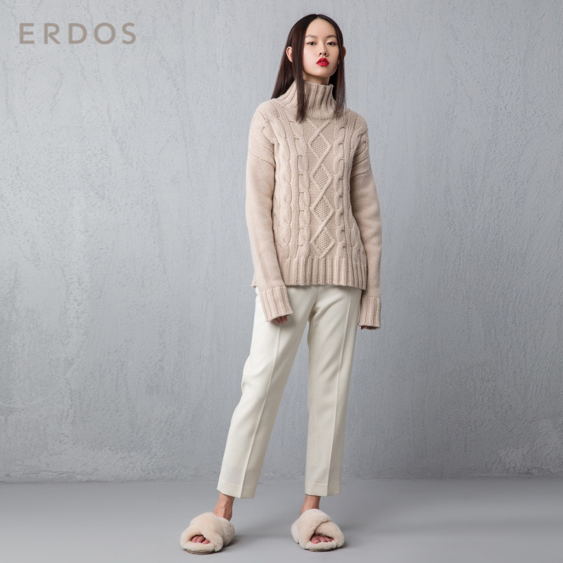ERDOS 通勤简约半高领纯色山羊绒绞花针织女羊绒针织衫保暖舒适