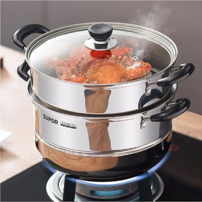 苏泊尔(SUPOR)304不锈钢可折叠蒸锅26cm双层复底汤锅二层蒸笼燃气电磁炉通用锅具 SZ26B46