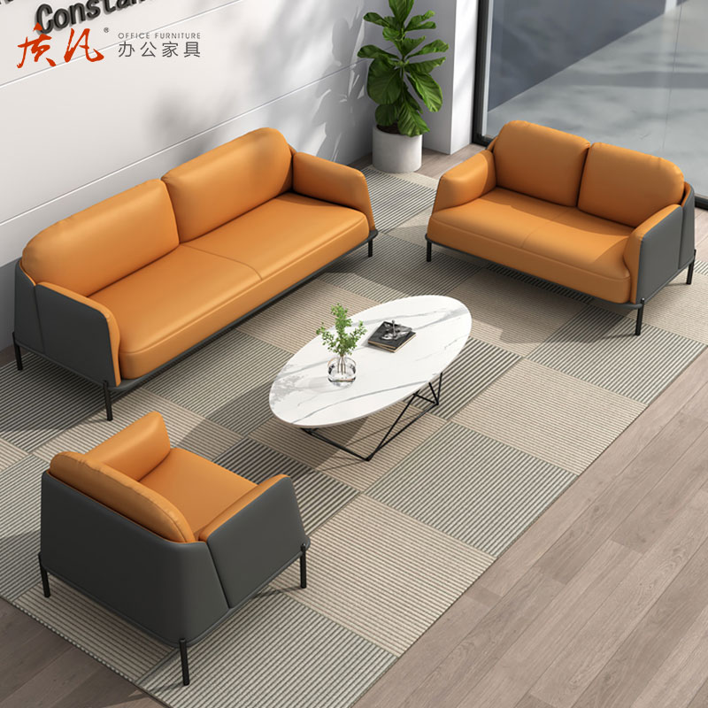 质凡现代简约办公沙发皮艺休闲接待沙发 抹茶绿三人位高清大图