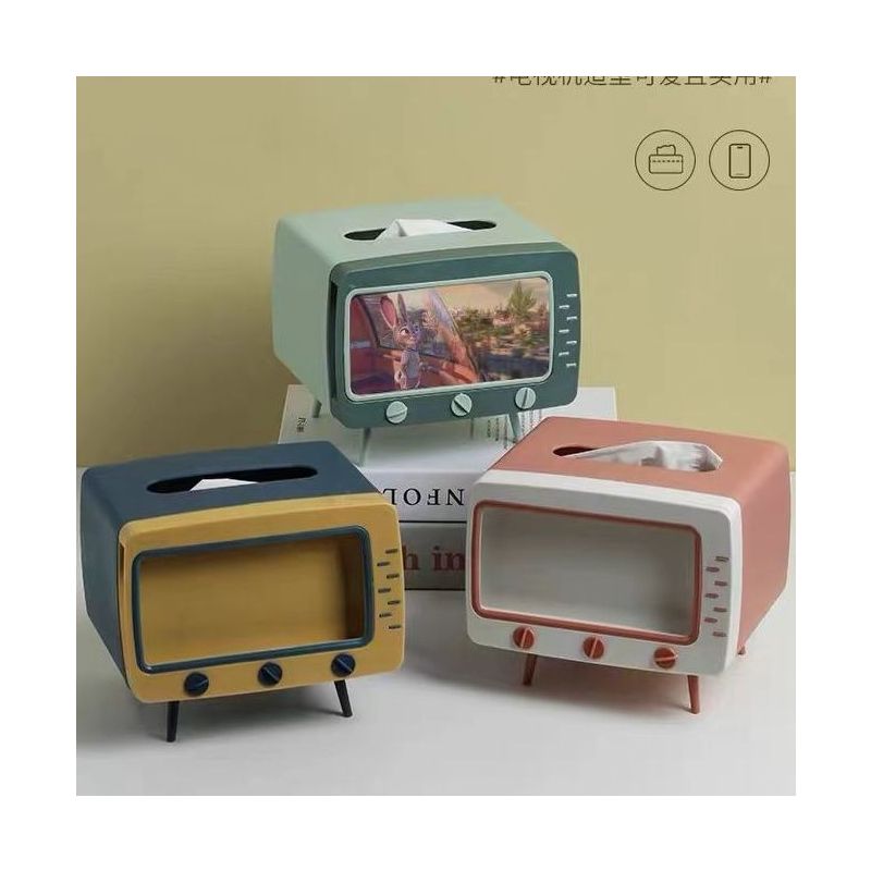 多功能纸巾盒创意桌面电视机抽纸盒复古带手机支架收纳盒海蓝电视纸巾