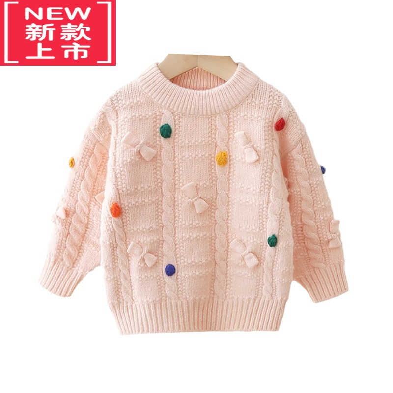 可莉允女童圆领毛衣儿童手工蝴蝶结针织衫小女孩打底宝宝秋冬套头毛线衣