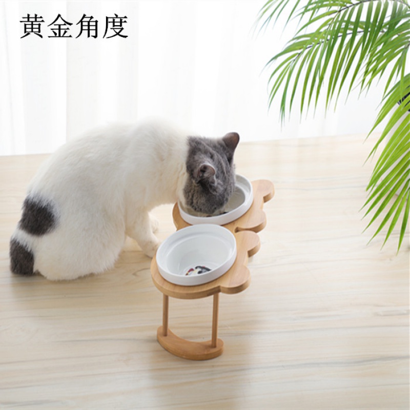 猫碗高脚猫咪喂食碗保护颈椎斜口狗碗可爱猫盆双碗陶瓷饮水宠物高清大图