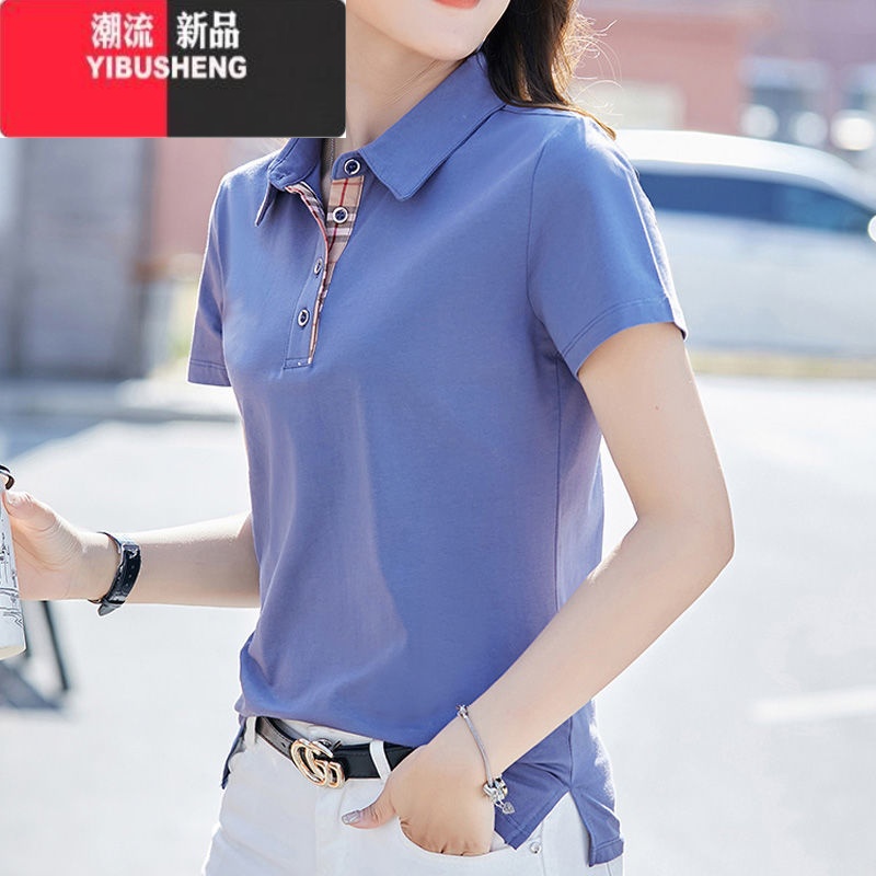 YIBUSHENG翻领polo衫女短袖T恤2024季新款年轻妈妈时尚洋气紫色上衣高清大图