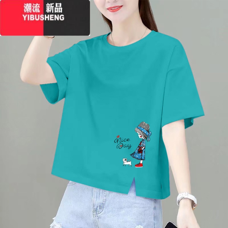 YIBUSHENG短袖t恤女2024新款季韩版宽松百搭短款小个子印花上衣 湖绿色-猫咪女孩 M建议100斤内