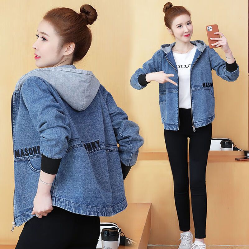 权小威早秋款女生连帽牛仔外套女春秋带学生穿的新款女韩版宽松短款衣