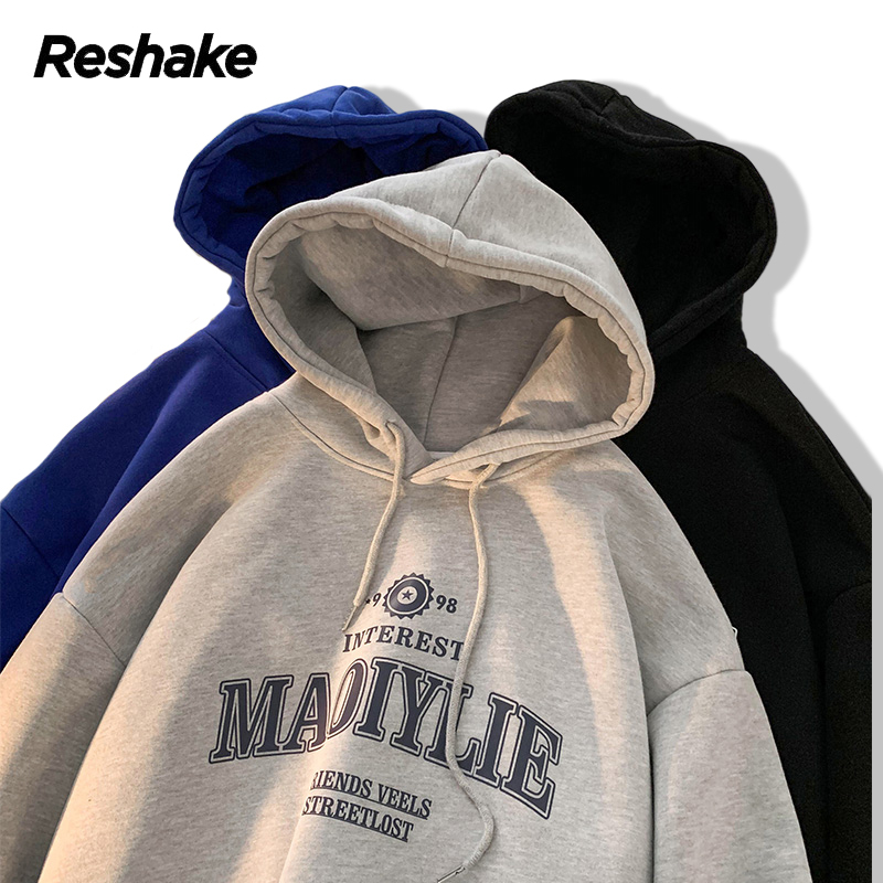 reshake字母印花卫衣男春秋新款衣服宽松美式复古百搭潮连帽外套