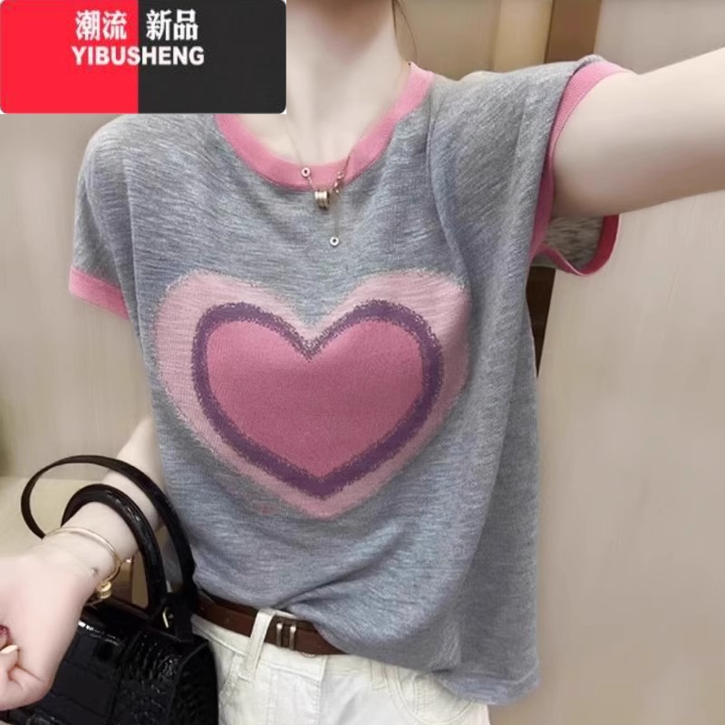 YIBUSHENG薄款针织衫新款竹节麻短袖上衣女爱心宽松减龄圆领亚麻拼色T恤高清大图