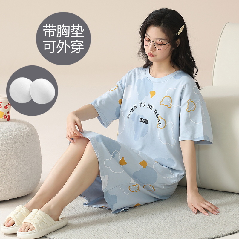夏季带胸垫睡裙女短袖宽松休闲女士睡衣棉质可外穿卡通家居服大码