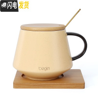 三维工匠马克杯陶瓷带盖勺家用燕麦早餐咖啡杯子创意个性潮流水杯大容量女_424 黄色（送勺子+木盖+木垫） 默认尺寸