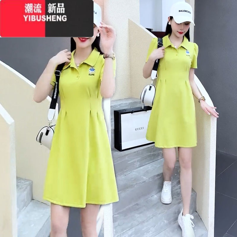 YIBUSHENGpolo领a字连衣裙女2023新款高级感小个子优雅休闲修身显瘦裙子 果绿色 M建议80-100斤