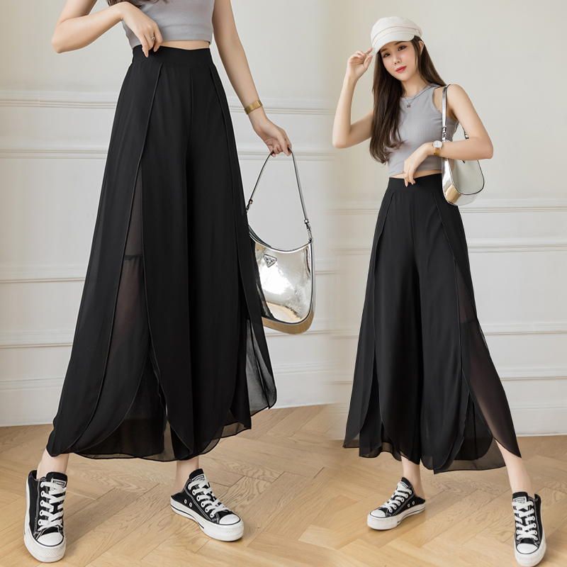 pass夏季新款褶皱雪纺阔腿裤时尚显瘦高腰直筒垂感飘逸九分裙裤女报价