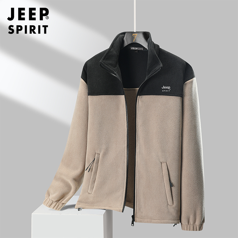 JEEP SPIRIT吉普男士卫衣奥利绒立领外套时尚拼色立领摇粒绒开衫弹力夹克