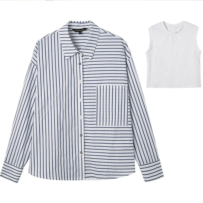 拉夏贝尔条纹衬衫女长袖宽松百搭两件套打底休闲衬衣外套女
