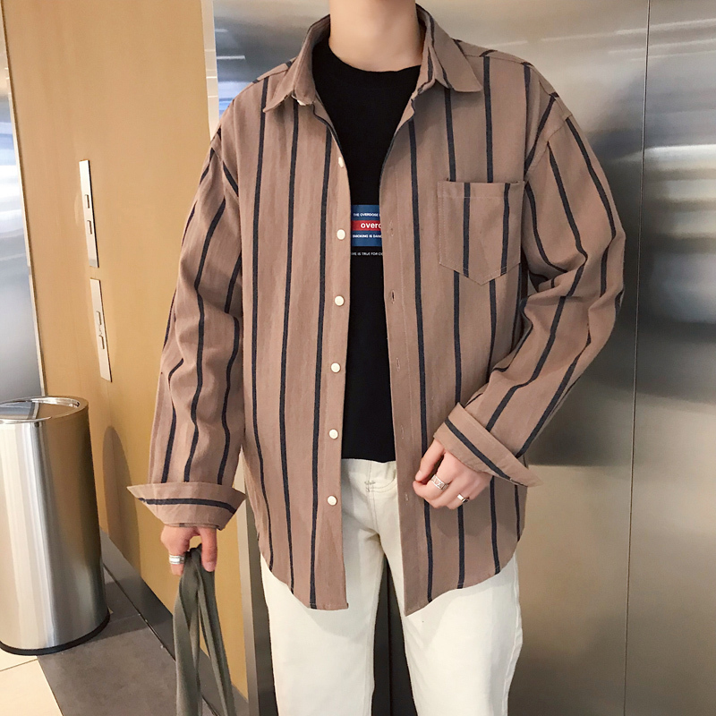 夏季小清新百搭条纹长袖衬衫男士宽松青年外套学生韩版休闲上衣服