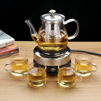 蒸汽煮茶器玻璃煮茶壶加热蒸茶器电茶炉煮茶炉家用茶具普洱泡茶器|600毫升如意壶+4直把杯+电热炉
