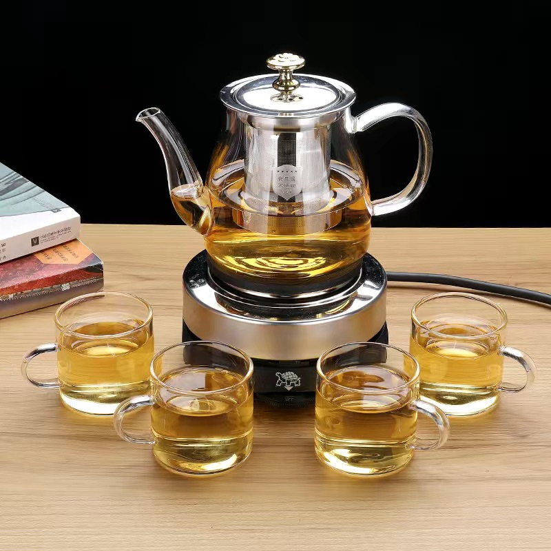 蒸汽煮茶器玻璃煮茶壶加热蒸茶器电茶炉煮茶炉家用茶具普洱泡茶器|600毫升如意壶+4直把杯+电热炉