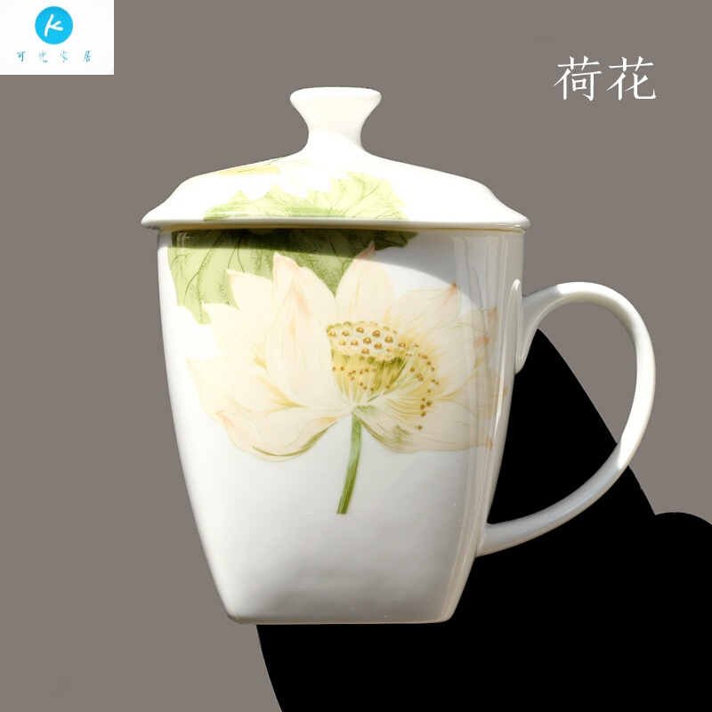 18新款530ml骨瓷方形带盖马克杯家用大杯子陶瓷茶杯办公室用水杯