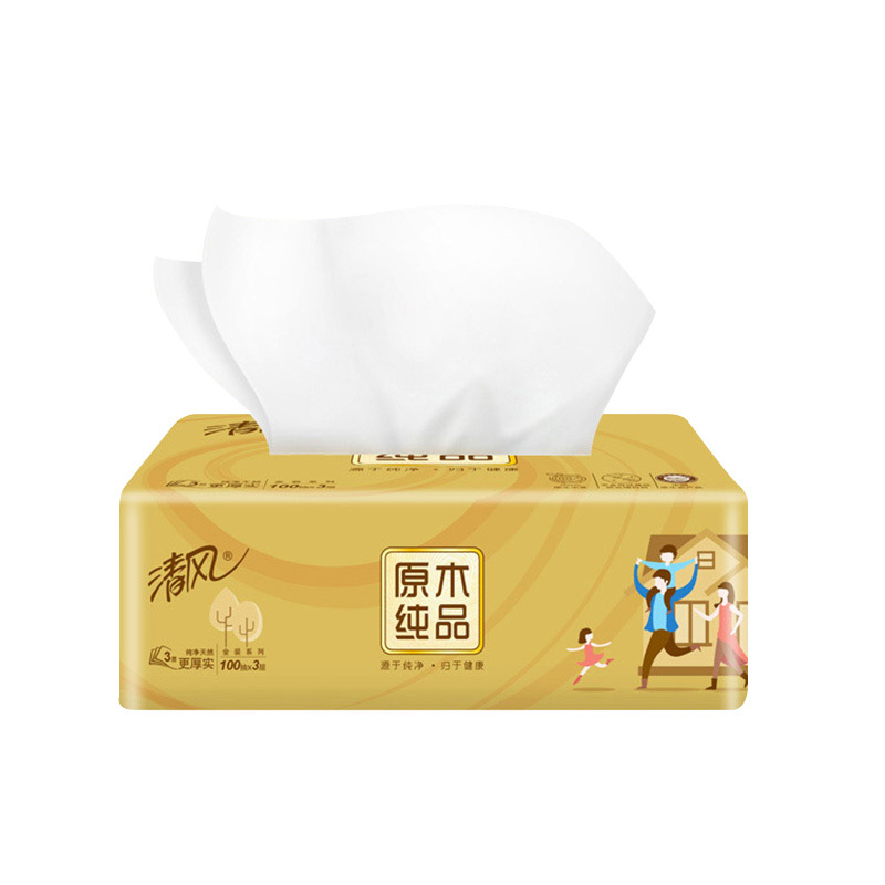 清风 抽纸 原木纯品金装系列 3层100抽30包 餐巾纸 擦手纸 面巾纸