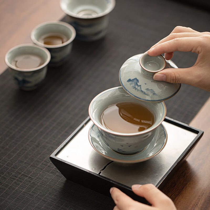 苏氏陶瓷/SUSHI CERAMICS J1028 仿古青花青山绿水盖碗套装 (单位:套)高清大图