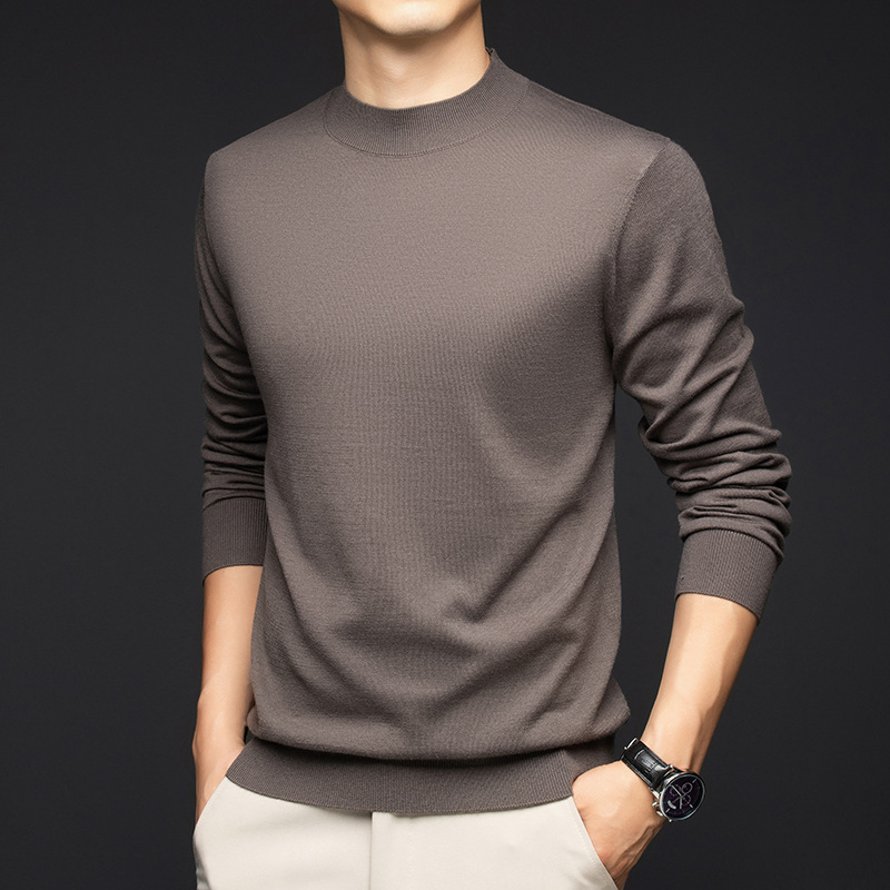 含绵羊毛桑蚕丝半高领针织衫男秋季新款纯色套头男士打底衫_247078 茶咖 4XL