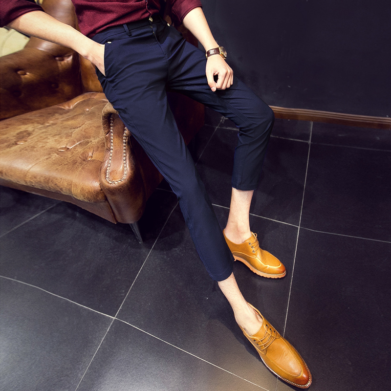 夏款型男纯色百搭休闲裤男士薄款九分裤弹力修身裤铅笔裤小脚裤潮